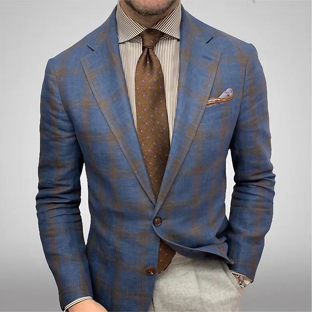 Blazer homme deux boutons, revers cranté, uni ou à carreaux, bleu à carreaux