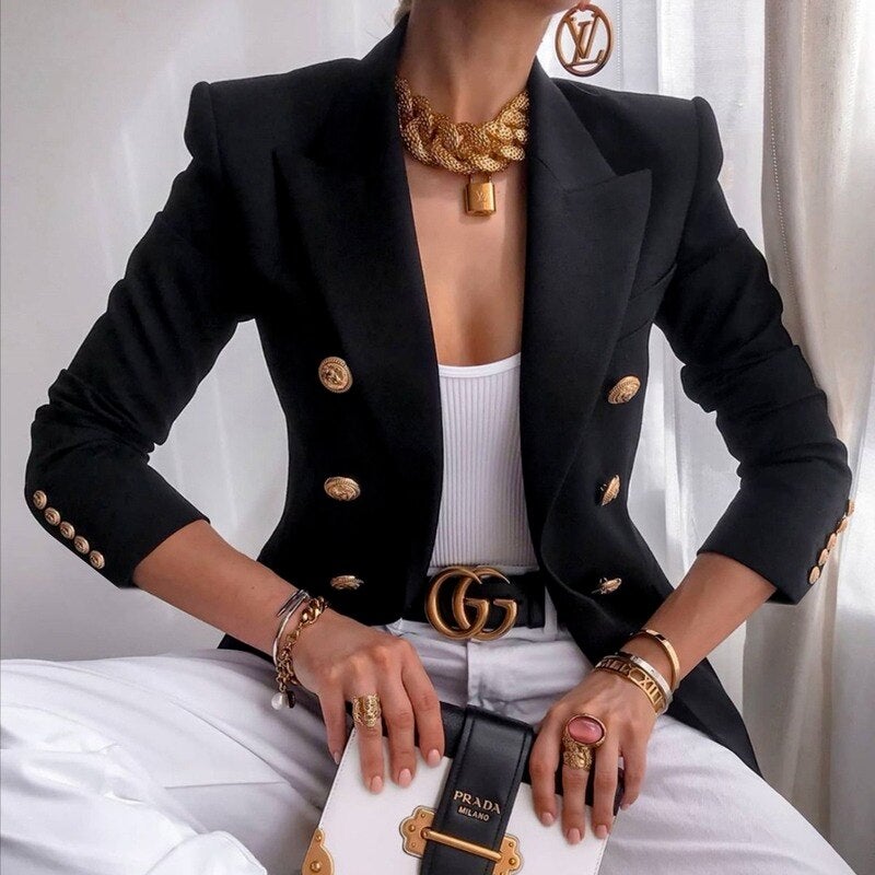Blazer femme à boutons dorés, coupe ajustée, dix coloris, noir