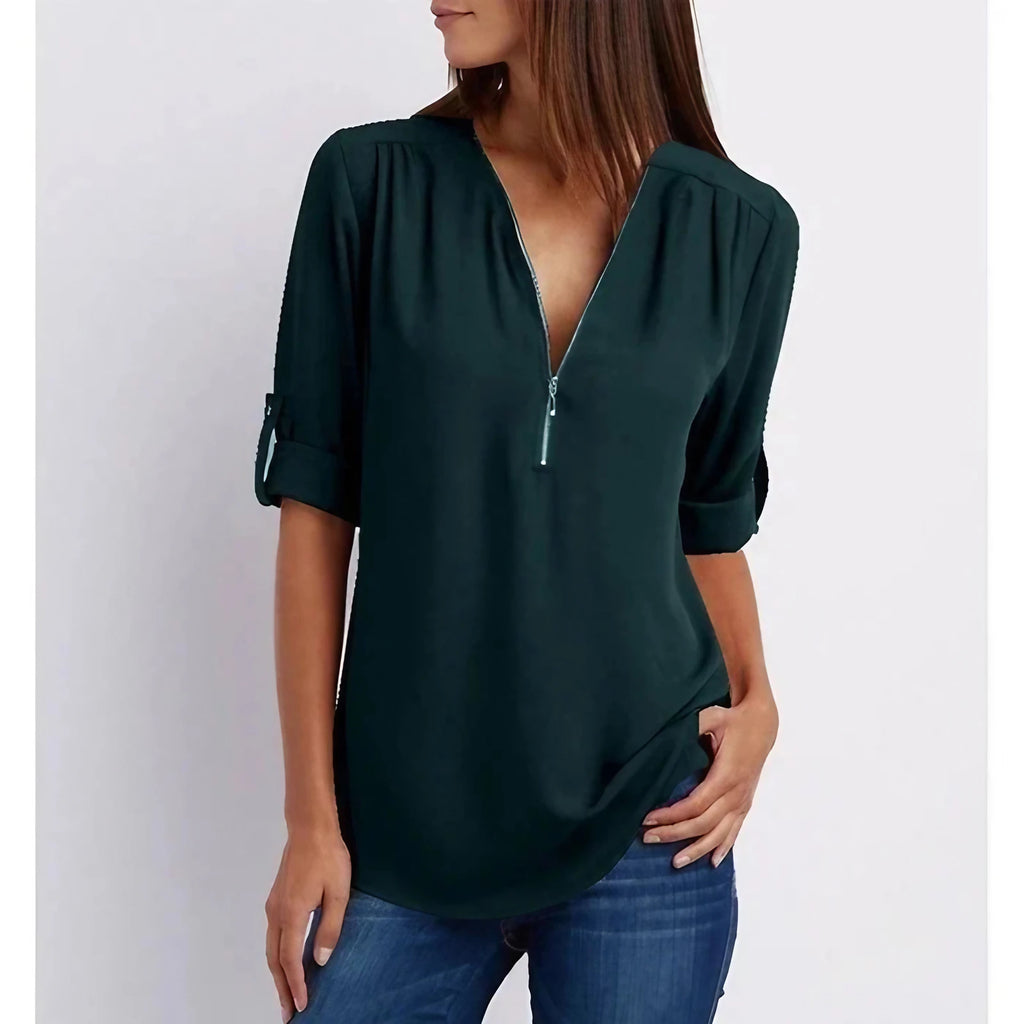 Blouse ample femme à zip, manches 3/4, du S au 5XL, vert foncé