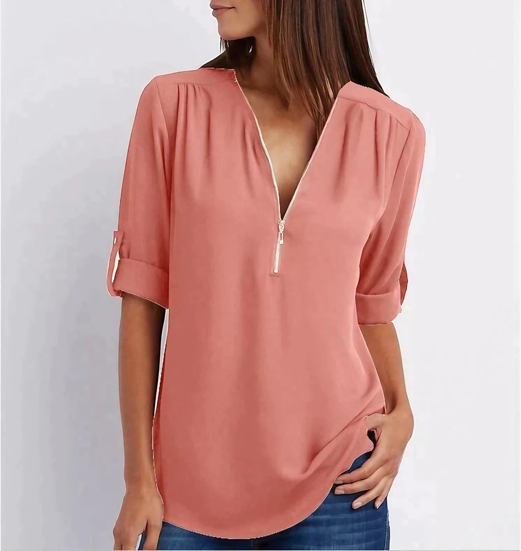 Blouse ample femme à zip, manches 3/4, du S au 5XL, rouge brique