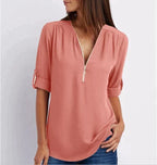 Blouse ample femme à zip, manches 3/4, du S au 5XL, rouge brique