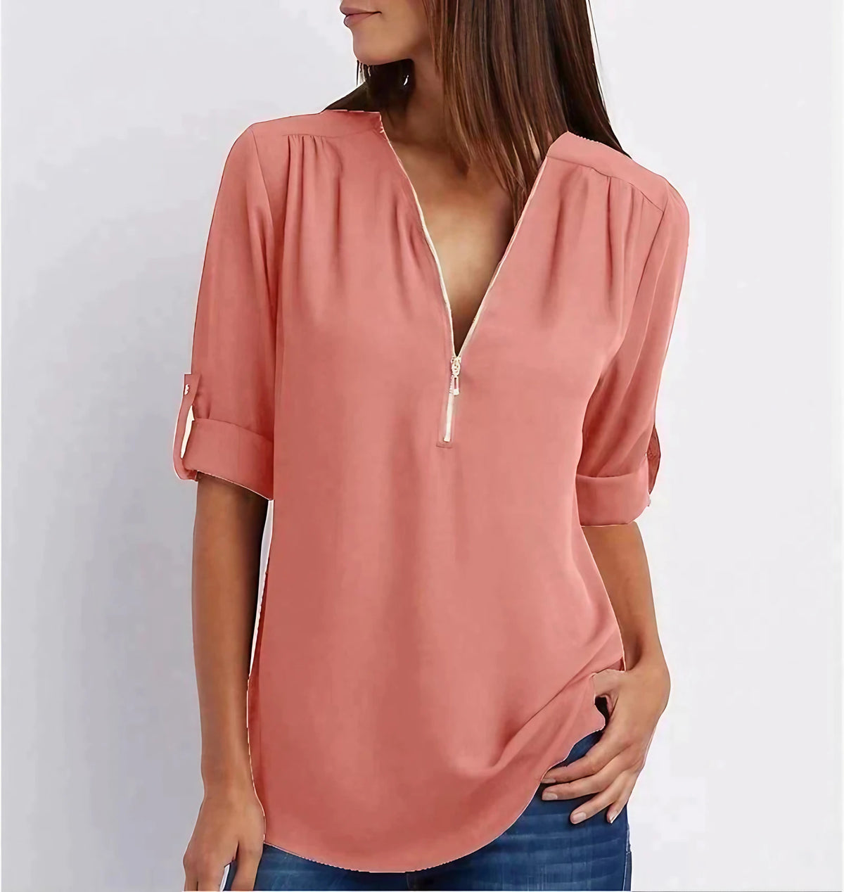 Blouse ample femme à zip, manches 3/4, du S au 5XL, rouge brique