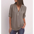 Blouse ample femme à zip, manches 3/4, du S au 5XL, gris