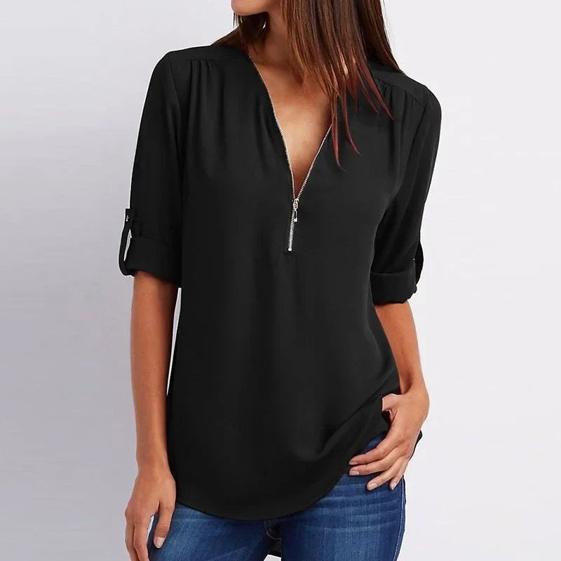 Blouse ample femme à zip, manches 3/4, du S au 5XL, noir