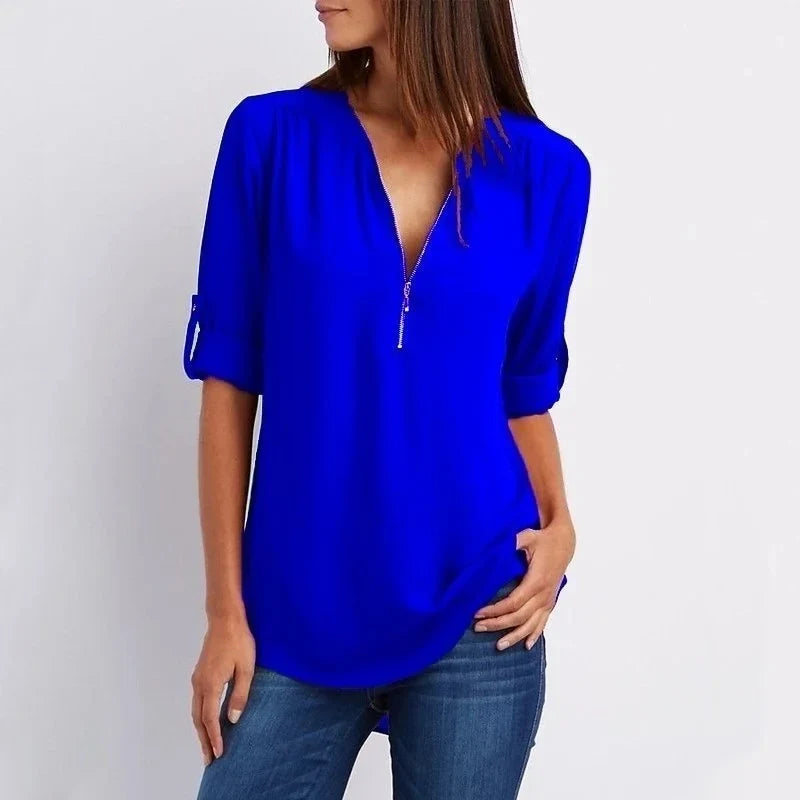 Blouse ample femme à zip, manches 3/4, du S au 5XL, bleu