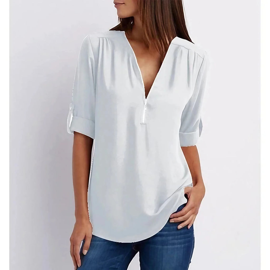 Blouse ample femme à zip, manches 3/4, du S au 5XL, blanc