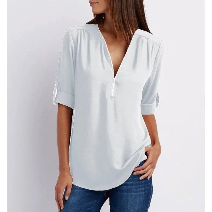 Blouse ample femme à zip, manches 3/4, du S au 5XL, blanc