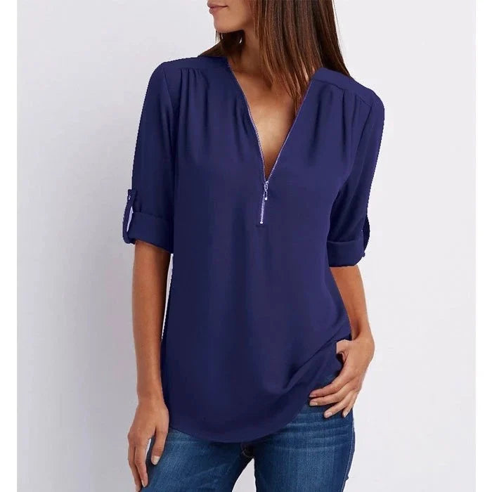 Blouse ample femme à zip, manches 3/4, du S au 5XL, bleu foncé