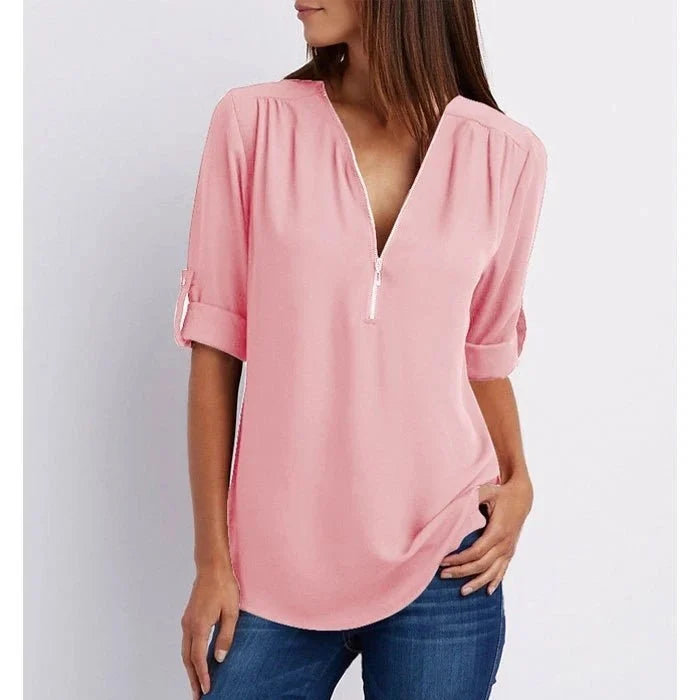 Blouse ample femme à zip, manches 3/4, du S au 5XL, rose