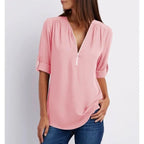 Blouse ample femme à zip, manches 3/4, du S au 5XL, rose