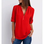 Blouse ample femme à zip, manches 3/4, du S au 5XL, rouge
