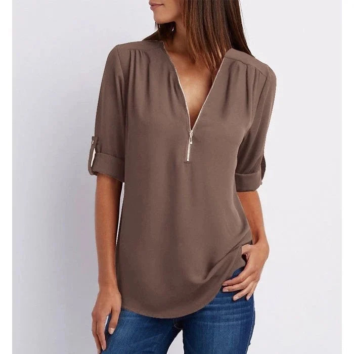 Blouse ample femme à zip, manches 3/4, du S au 5XL, café