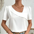 Blouse blanche femme à col asymétrique et manches bouffantes, blanc