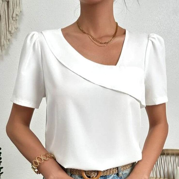 Blouse blanche femme à col asymétrique et manches bouffantes, blanc