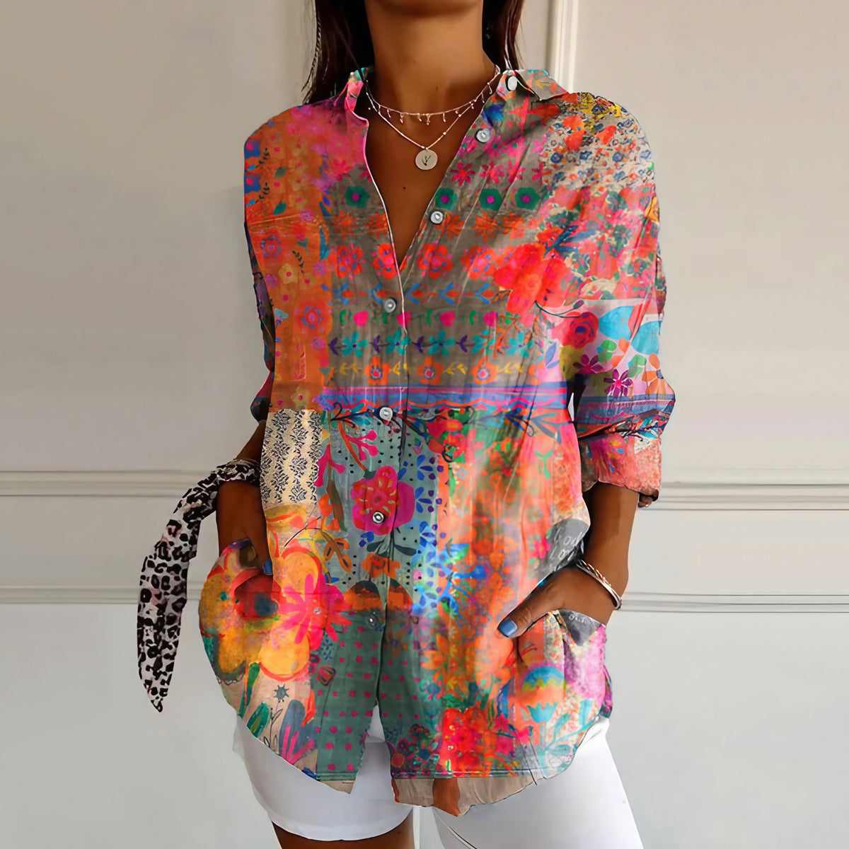 Blouse bohème femme à fleurs, manches longues, boutonnée