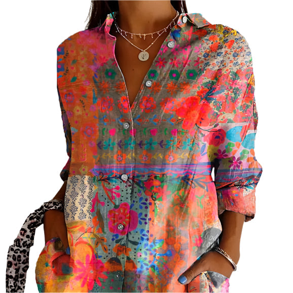 Blouse bohème femme à fleurs, manches longues, boutonnée