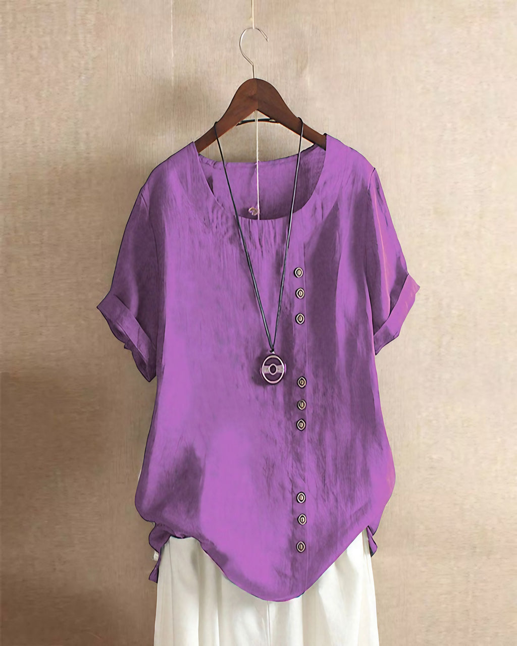 Blouse femme à manches courtes, col rond et devant boutonné, pourpre