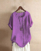 Blouse femme à manches courtes, col rond et devant boutonné, pourpre
