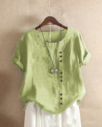 Blouse femme à manches courtes, col rond et devant boutonné, vert menthe