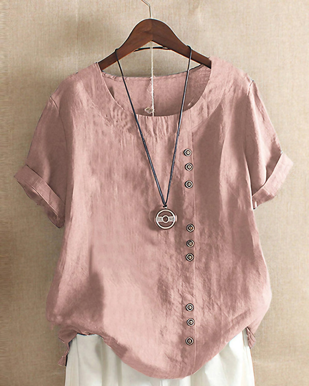 Blouse femme à manches courtes, col rond et devant boutonné, rose