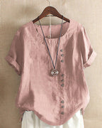 Blouse femme à manches courtes, col rond et devant boutonné, rose