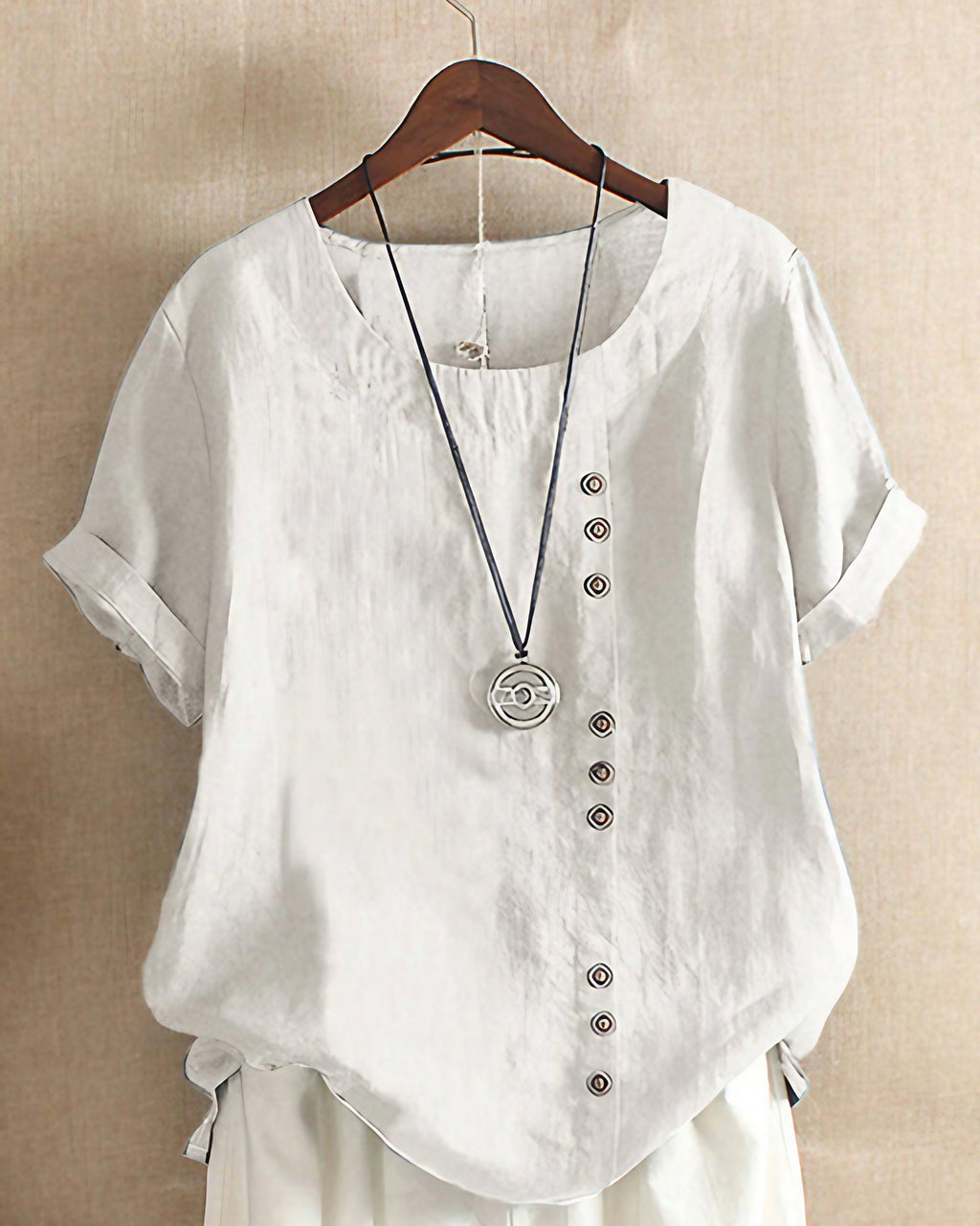 Blouse femme à manches courtes, col rond et devant boutonné, blanc