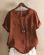 Blouse femme à manches courtes, col rond et devant boutonné, marron