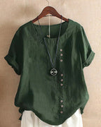 Blouse femme à manches courtes, col rond et devant boutonné, vert