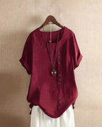 Blouse femme à manches courtes, col rond et devant boutonné, rouge foncé