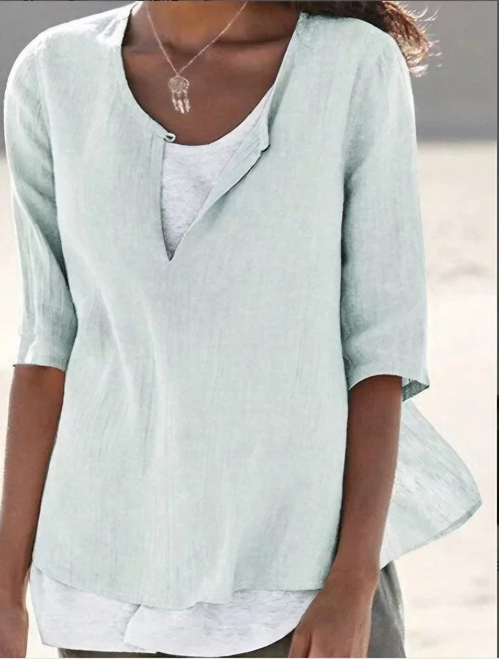 Blouse d'été femme col V, effet superposé, du S au 5XL, vert clair