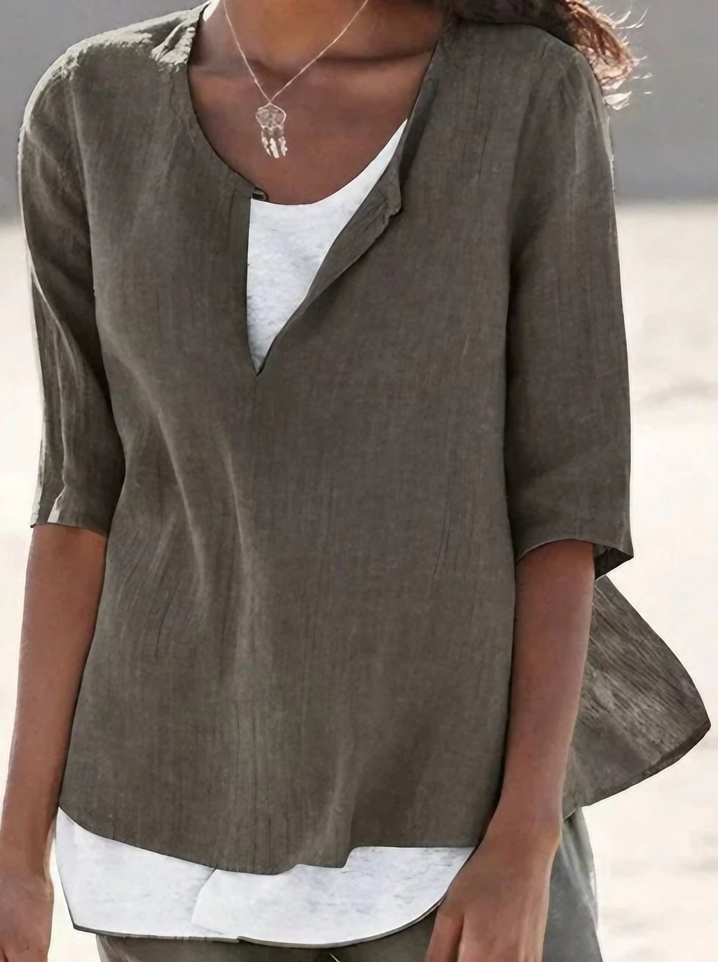 Blouse d'été femme col V, effet superposé, du S au 5XL, brun