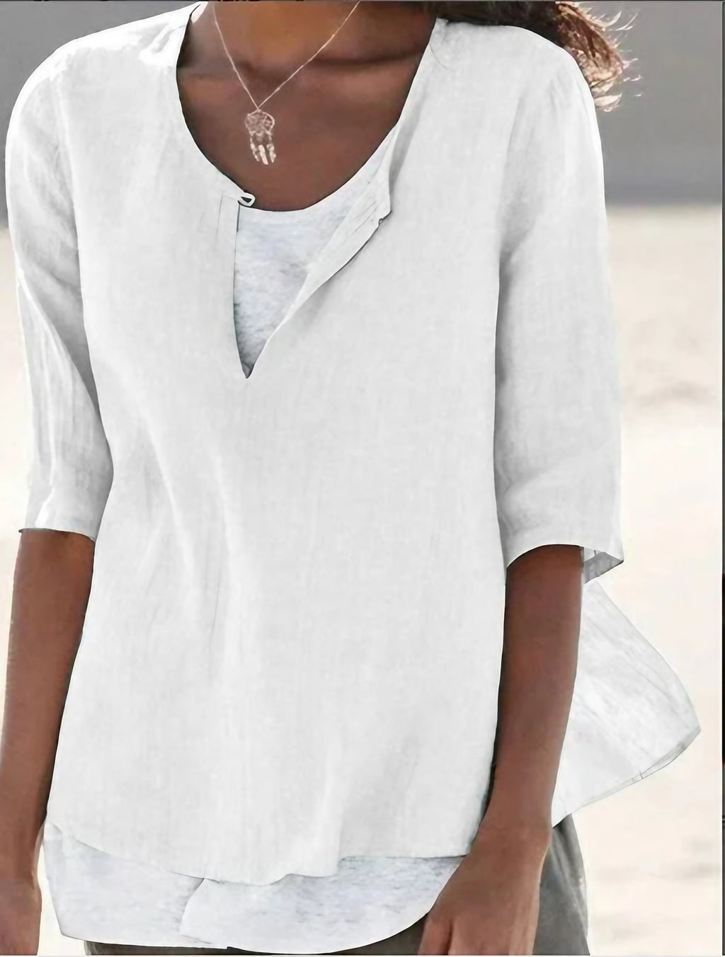 Blouse d'été femme col V, effet superposé, du S au 5XL, blanc