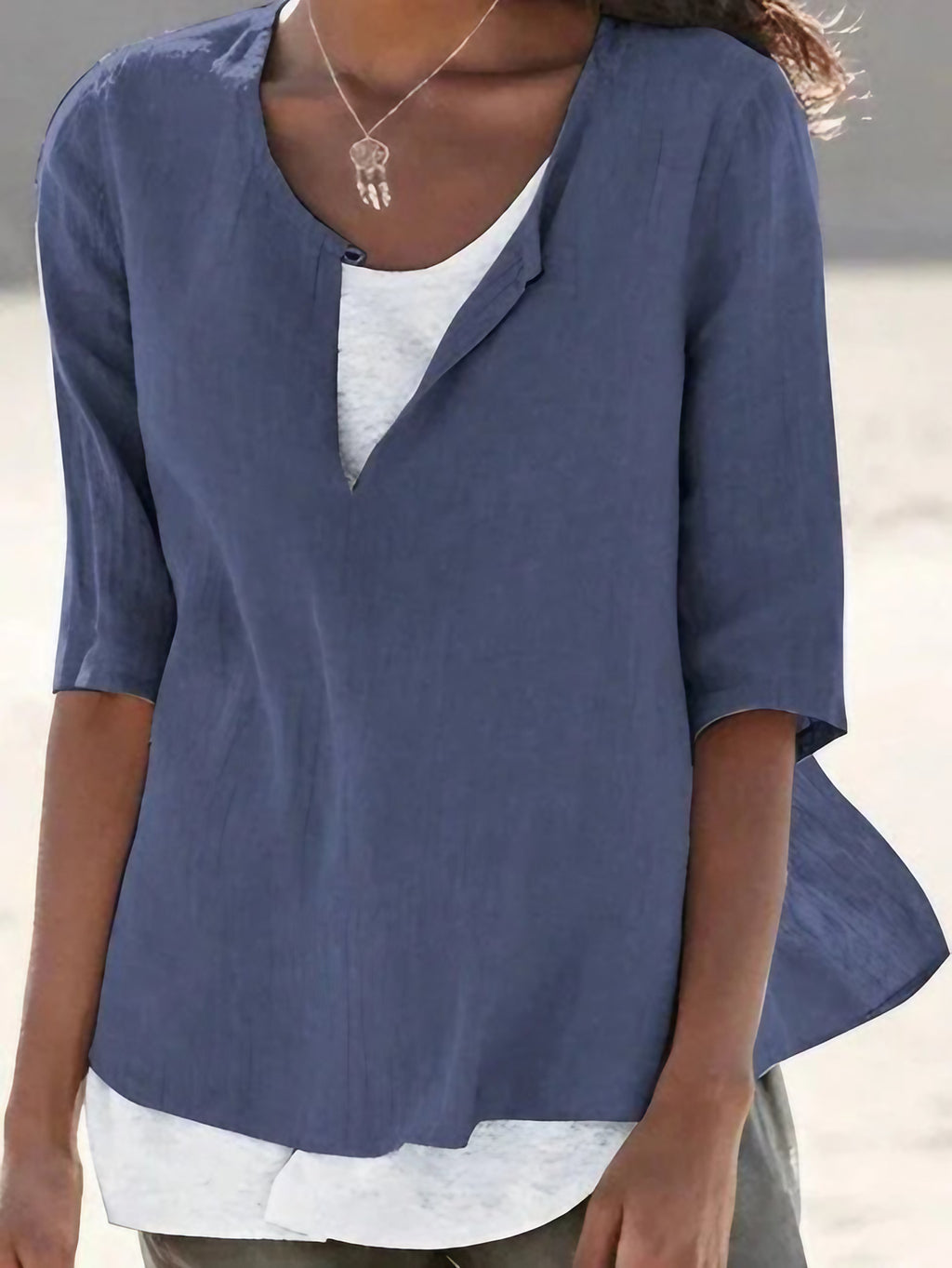 Blouse d'été femme col V, effet superposé, du S au 5XL, bleu