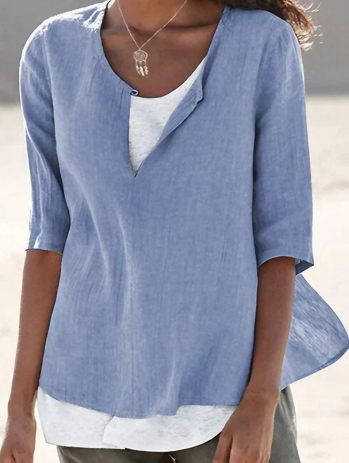 Blouse d'été femme col V, effet superposé, du S au 5XL, bleu clair