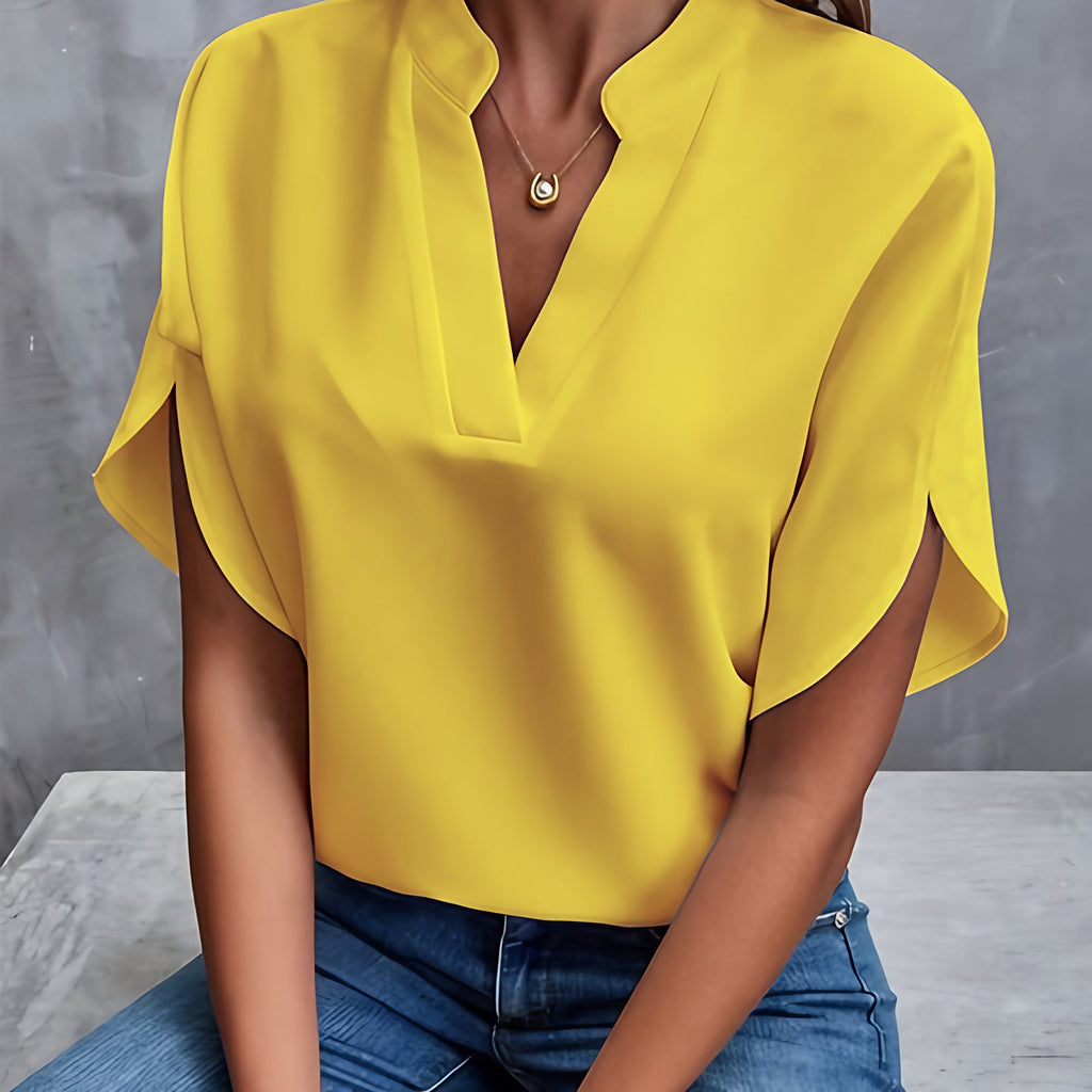 Blouse femme en satin, col et poignets ornés, sept coloris, jaune