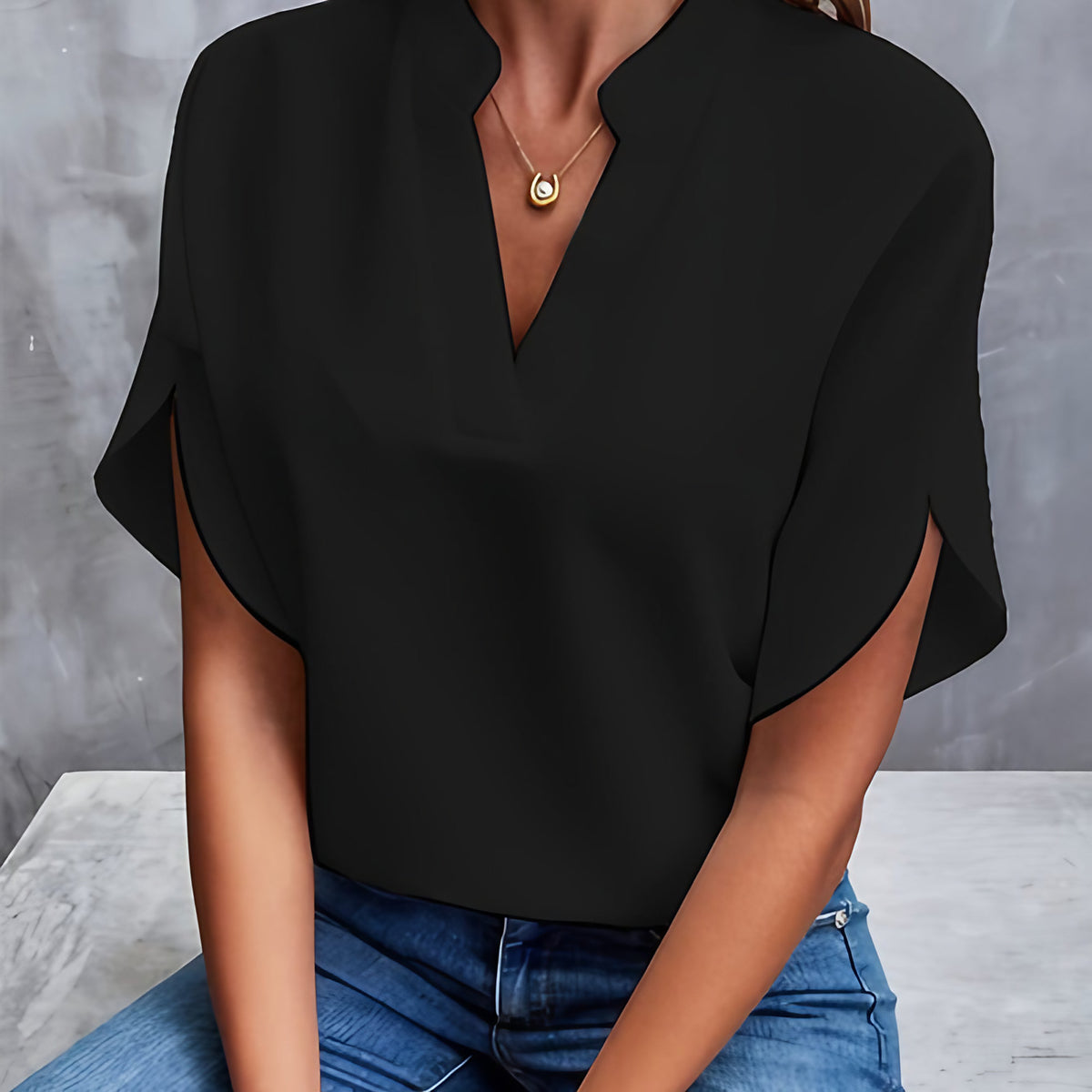 Blouse femme en satin, col et poignets ornés, sept coloris, noir