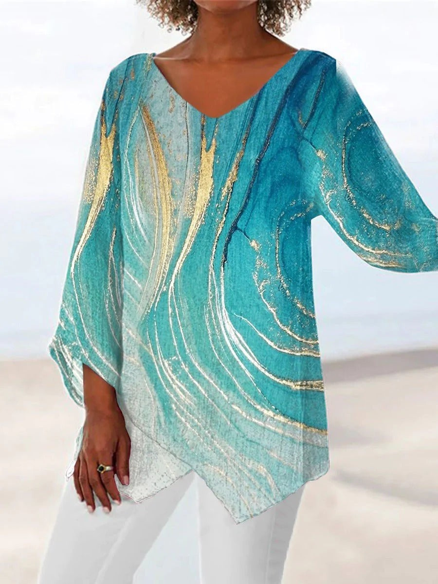 Blouse femme col V à motif coloré, manches longues, du S au 5XL, motif coloré