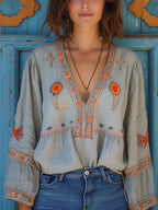 Blouse bohème femme brodée à col V, bleu clair, bleu clair