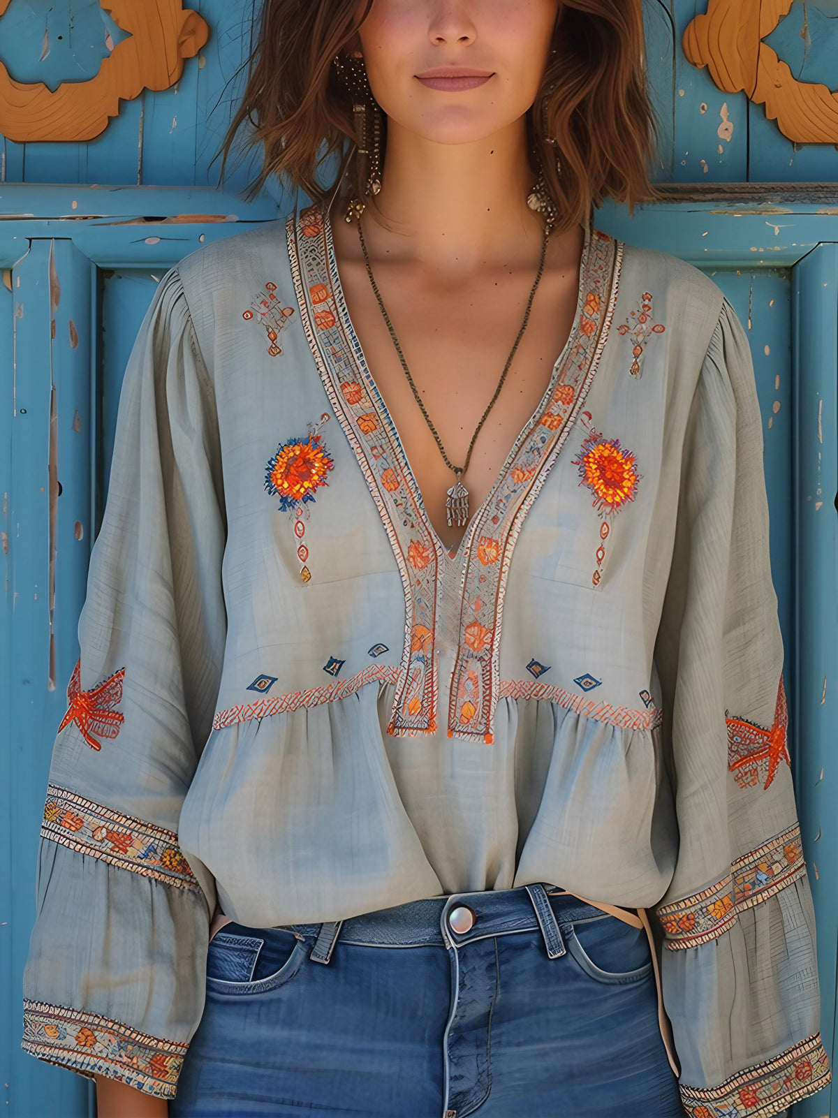 Blouse bohème femme brodée à col V, bleu clair, bleu clair
