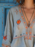 Blouse bohème femme brodée à col V, bleu clair