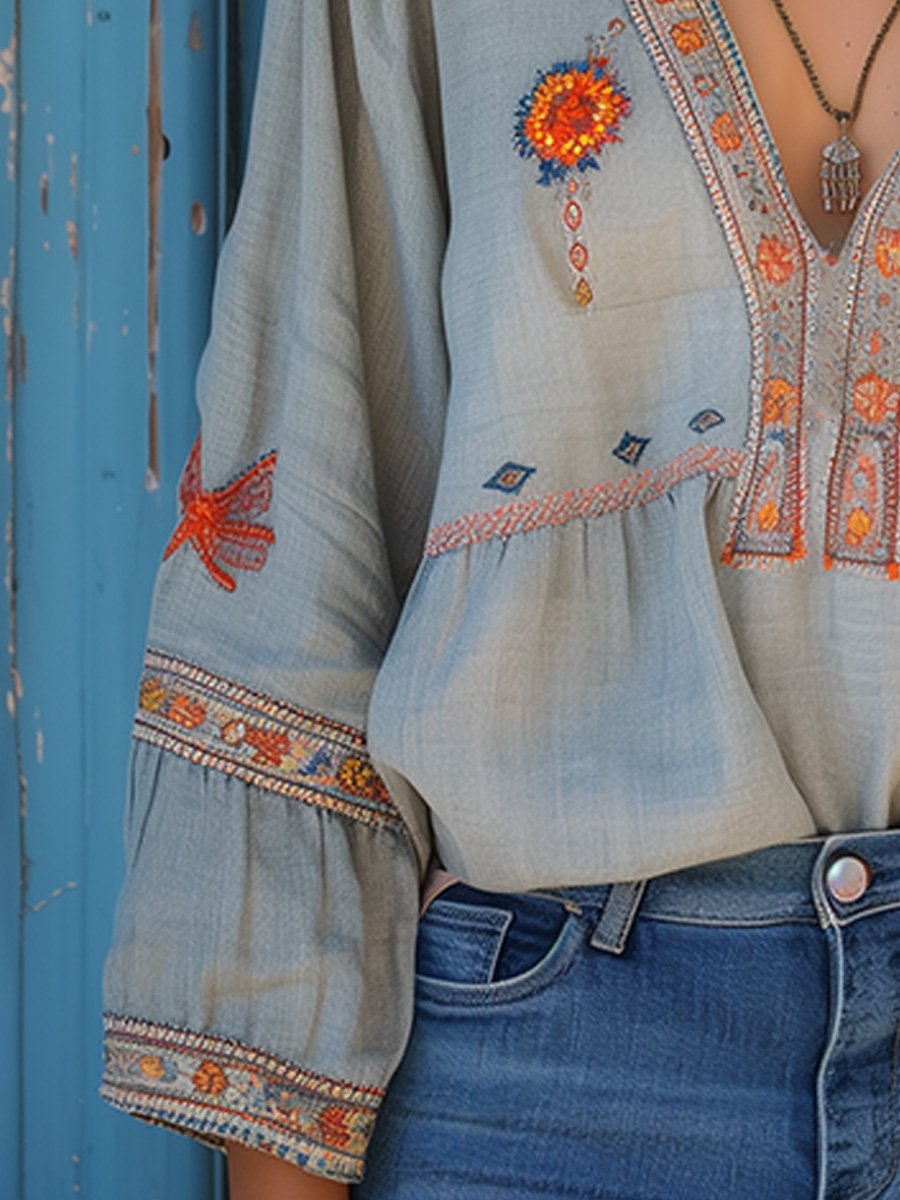 Blouse bohème femme brodée à col V, bleu clair