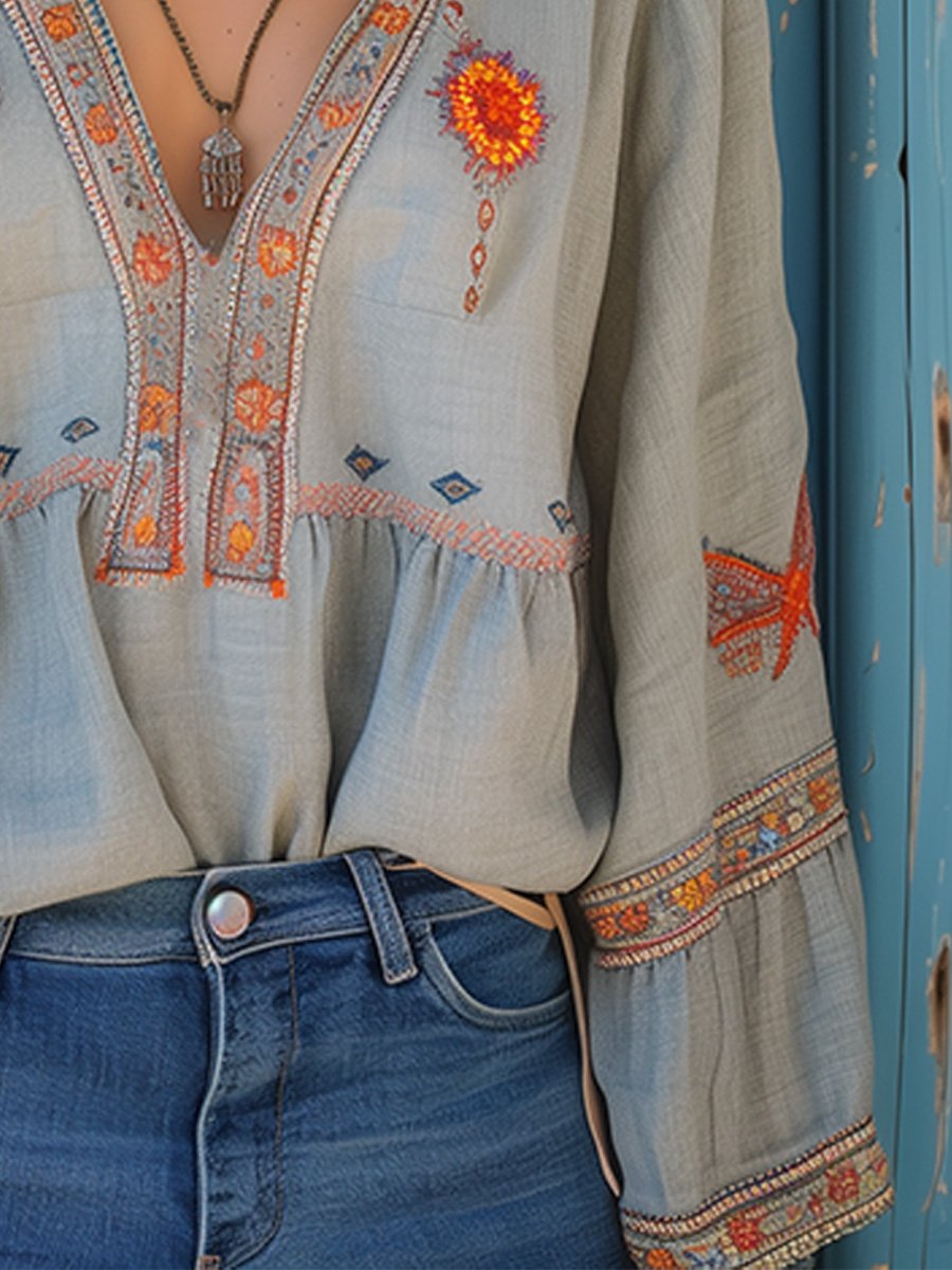 Blouse bohème femme brodée à col V, bleu clair