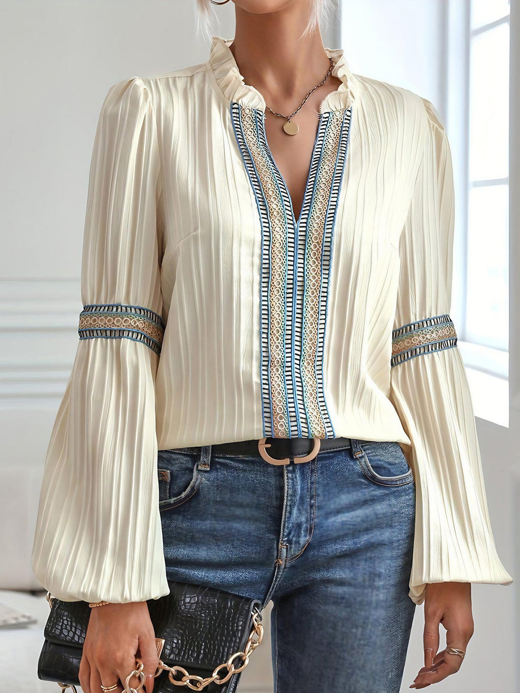 Blouse blanche femme style vintage, manches longues, blanc
