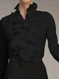 Blouse femme à volants au col et aux poignets, noir ou blanc, noir