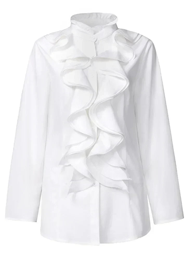 Blouse femme à volants au col et aux poignets, noir ou blanc