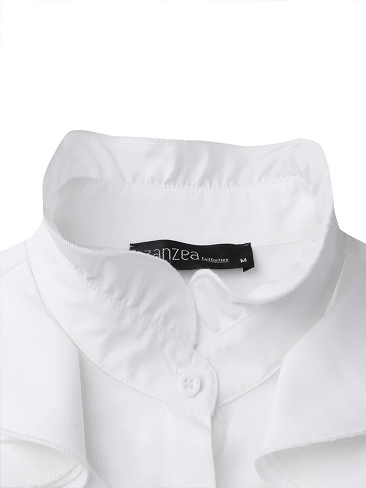 Blouse femme à volants au col et aux poignets, noir ou blanc