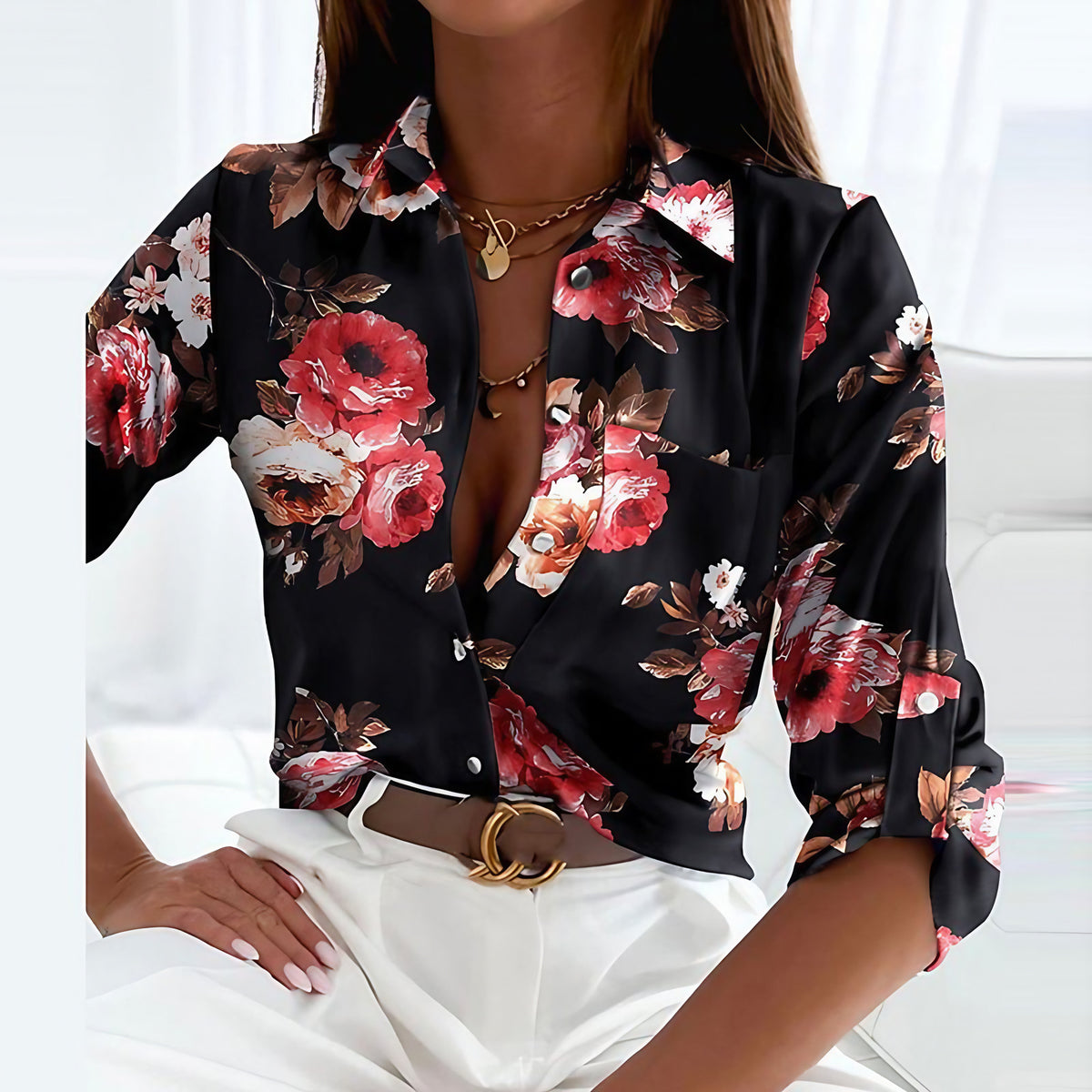 Blouse femme à col rabattu imprimée, douze motifs, du S au 2XL
