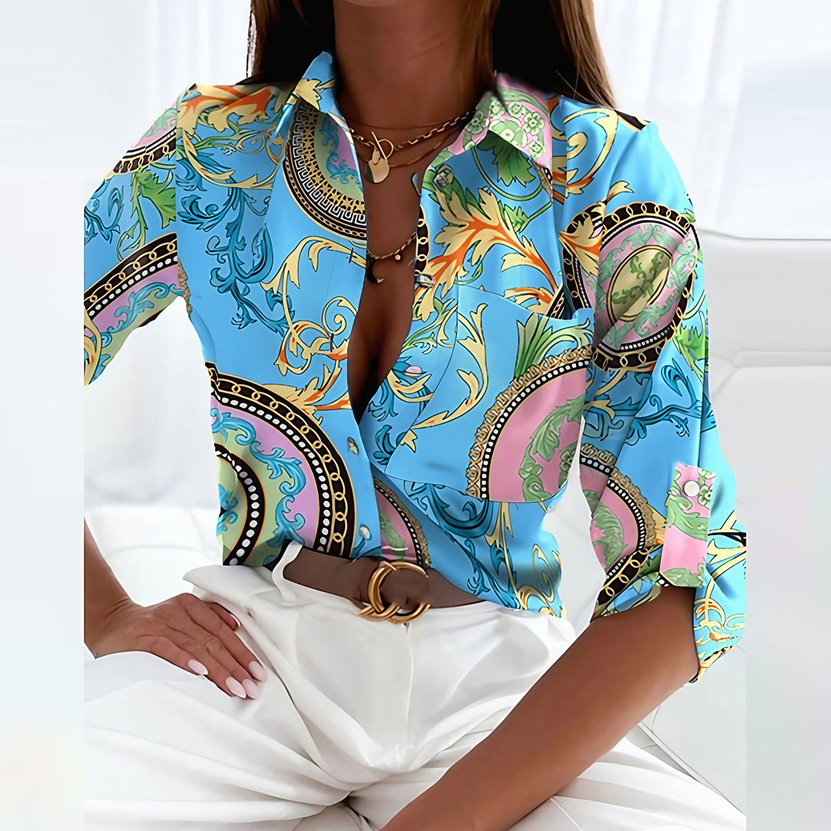 Blouse femme à col rabattu imprimée, douze motifs, du S au 2XL
