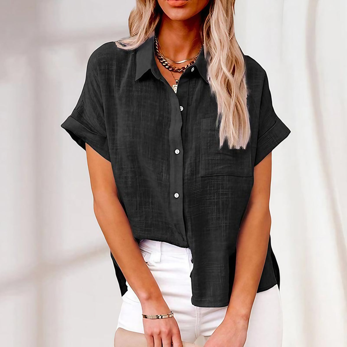 Blouse femme ample à manches courtes, huit coloris, S au 5XL, noir