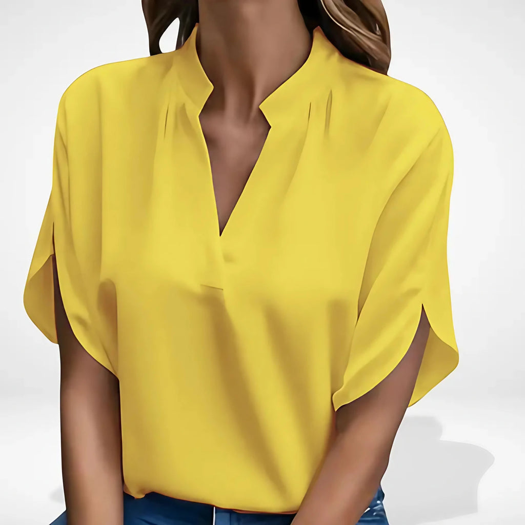 Blouse fluide femme à col fendu, coupe ample, cinq coloris, jaune